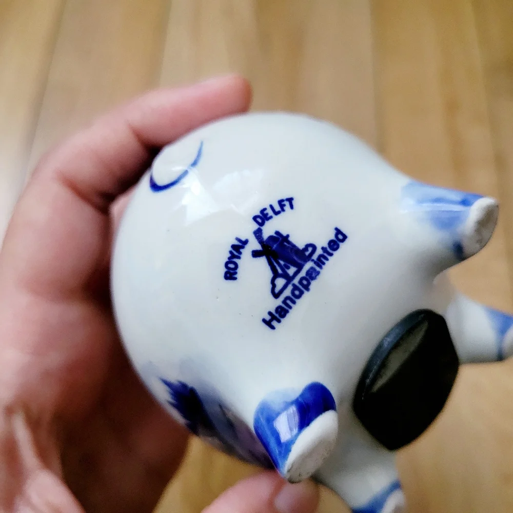 Vintage Handmade Delft Pottery Small Floral & Nautical Ship Dutch Piggy Bank